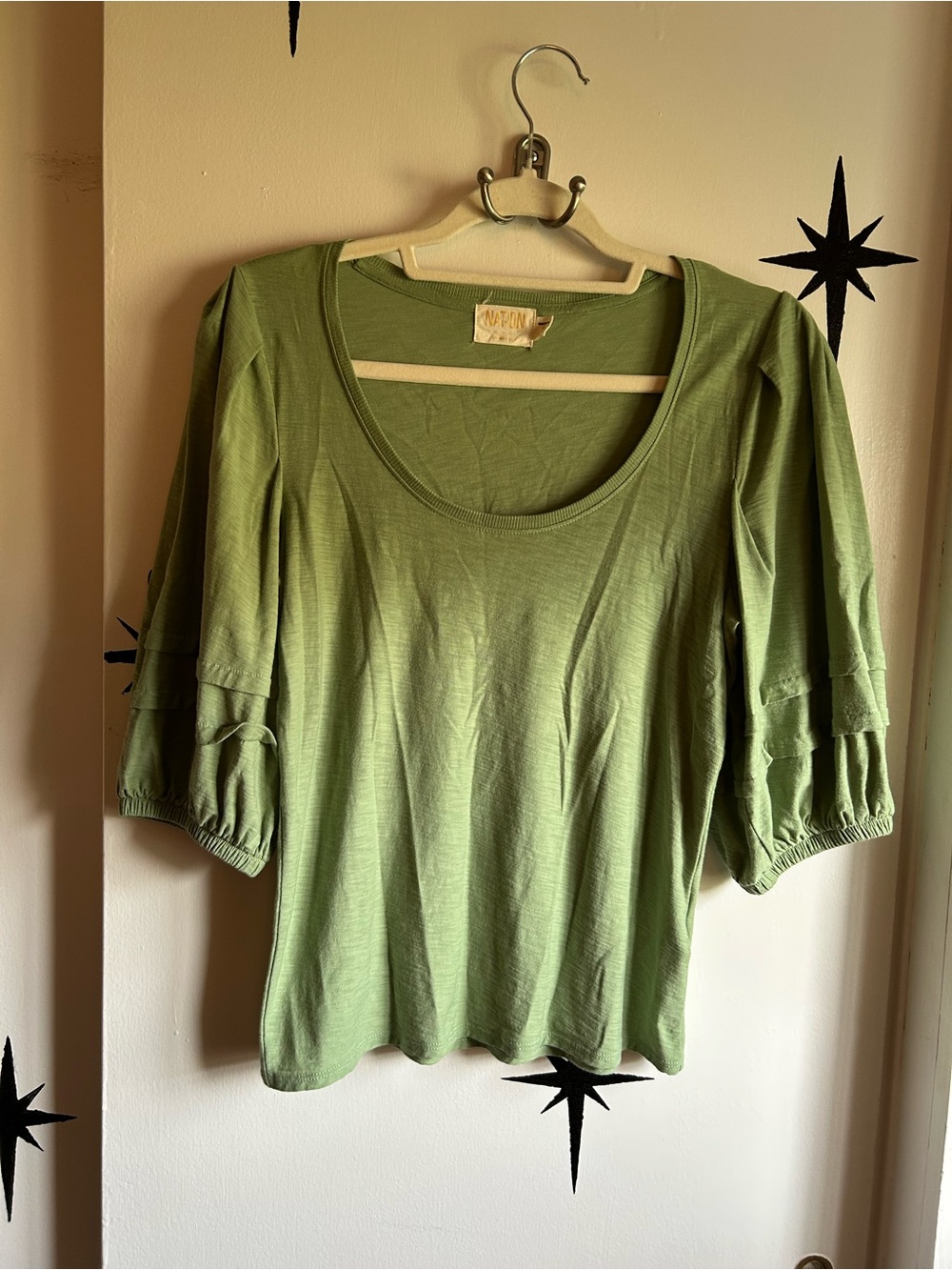 Anthropologie Sage Green Tiered Elbow-Sleeve Scoop Neck Top